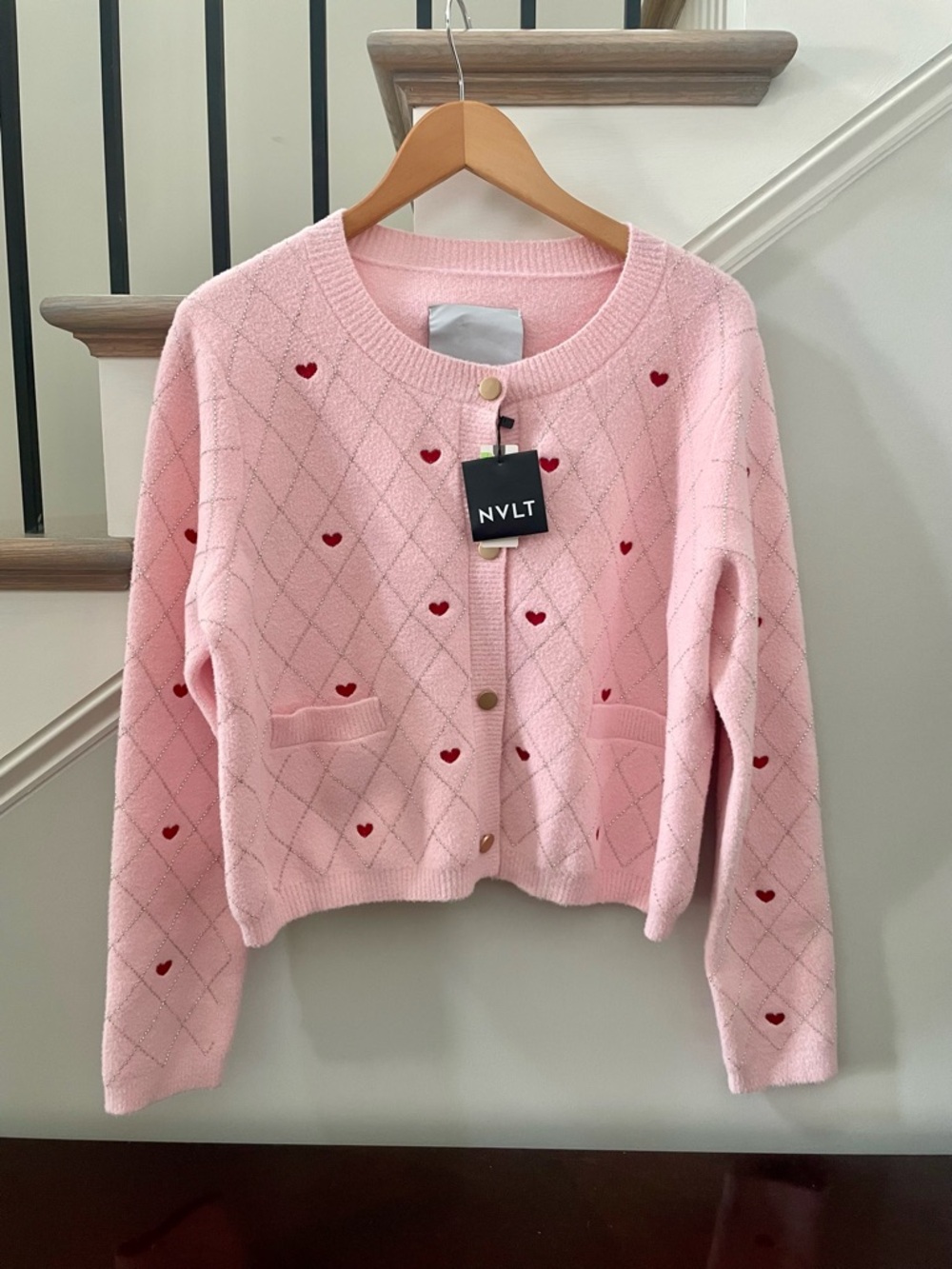 NVLT Embellished Heart Motif Lady Jacket - Pink Cardi Sweater - Large